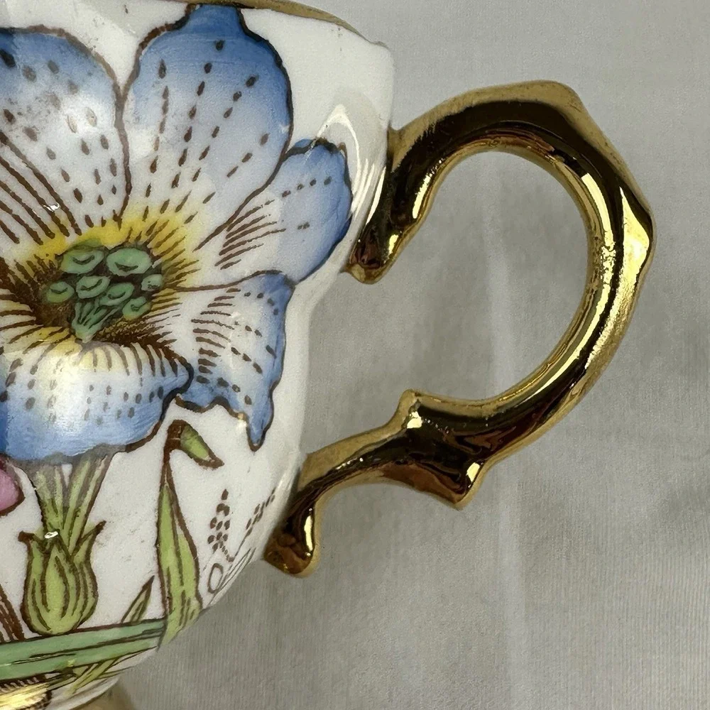 Rosina Bone China Teacup Saucer Set Gold Gilt Floral Cottagecore Grandmillennial